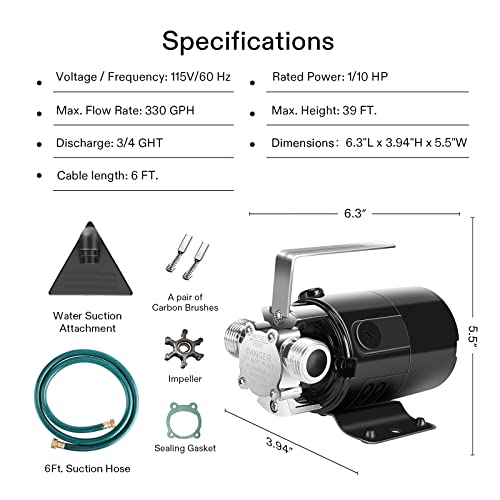 VIVOSUN 330 GPH Water Transfer Utility Pump 115V 1/10HP with Water Hose Kit, Impeller and Gasket
