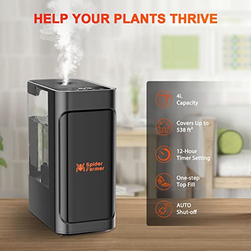 Spider Farmer Humidifier with Built-in Humidity Meter 4L 2-in-1 Cool Mist Top Fill Ultrasonic Humidifier with 12 Hrs Timer Remote Control Humidification and Humidity Setting for Baby and Plants Tent