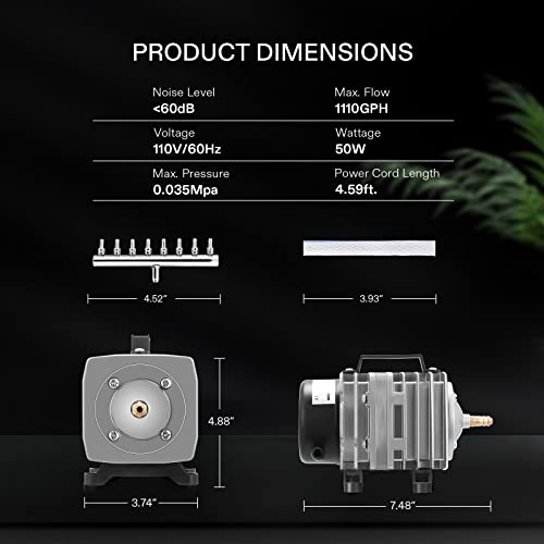 VIVOSUN Commercial Air Pump 1110 GPH 8 Outlet 50W 70L/min for Aquarium and Hydroponic Systems