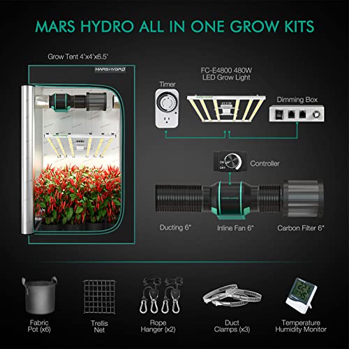 MARS HYDRO Grow Tent Kit Complete System 4x4ft FC-E4800 Dimmable Light 48"x48"x80" 1680D Hydroponics Growing Tent Indoor Grow Tent Kit with Upgraded 6" Ventilation Kit 2646pcs LED