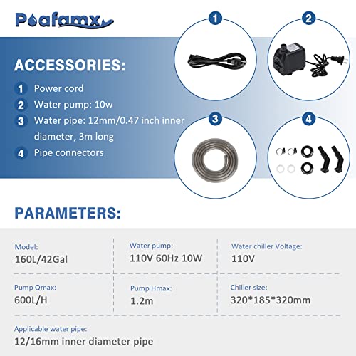 Poafamx Aquarium Chiller 42gal 1/10 HP Hydroponics Water Chiller for Home Use Fish Axolotl Coral Shrimp Farming 110V with Pump and Pipe