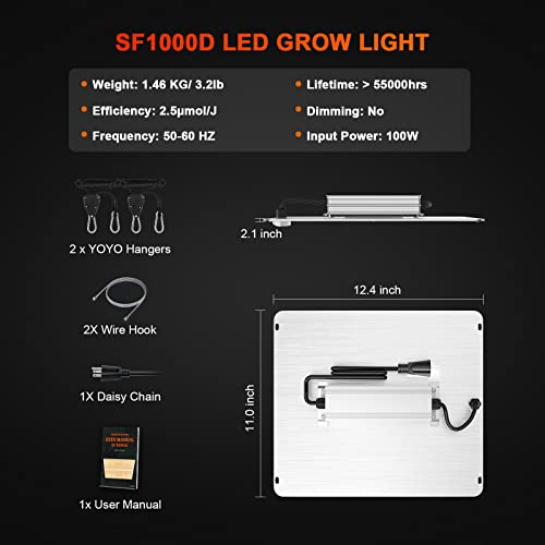 Spider Farmer 2023 New SF1000D LED Grow Light with Samsung LM301B Diodes & IR Lighting Full Spectrum Grow Light for Indoor Plants Veg Bloom Growing Lamps for 3x3/2x2 Grow Tent 2.5g/w