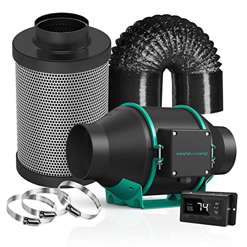MARS HYDRO 4 Inch Inline Fan and Filter, with Temperature and Humidity Controller, and 25 Feet Ducting, Exhaust Fan for Grow Tents, Hydroponics